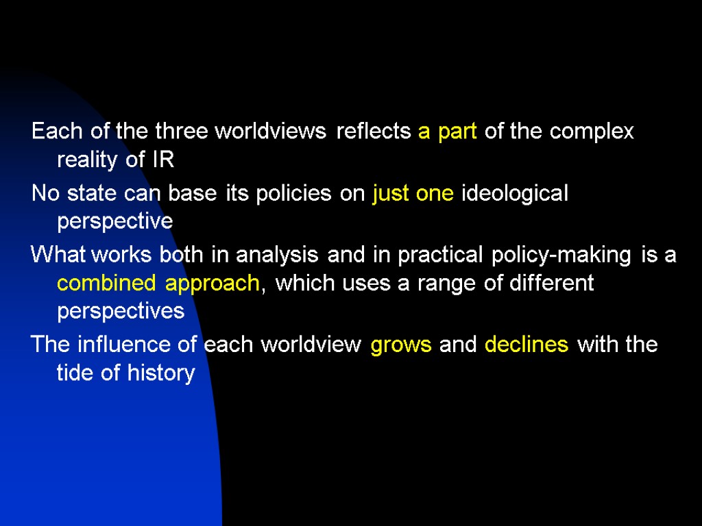 Each of the three worldviews reflects a part of the complex reality of IR